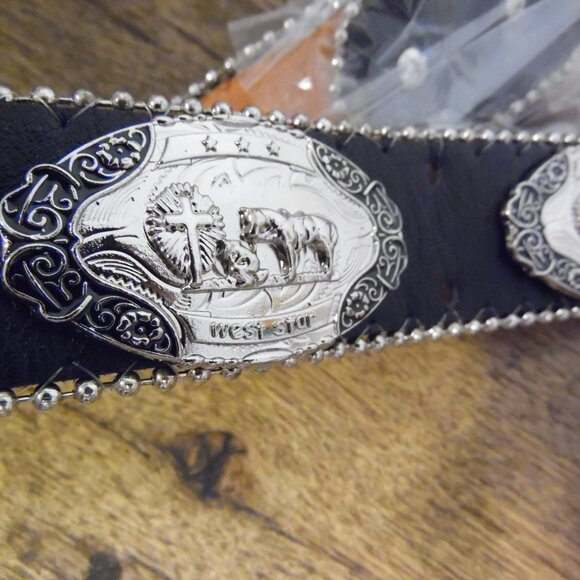 West Star Texas Black Genuine Leather Concho Belt Size Medium New - Picture 5 of 11